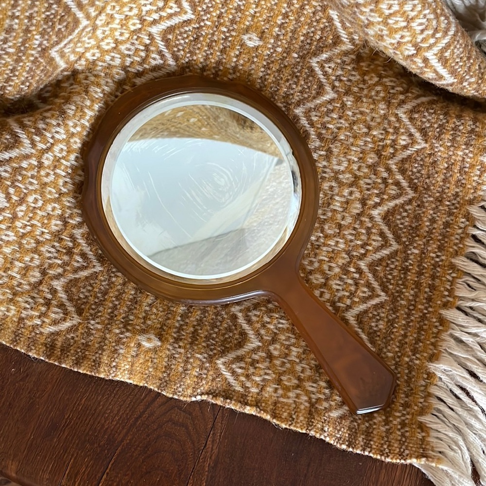 Vintage Resin Hand Mirror Floral Etching